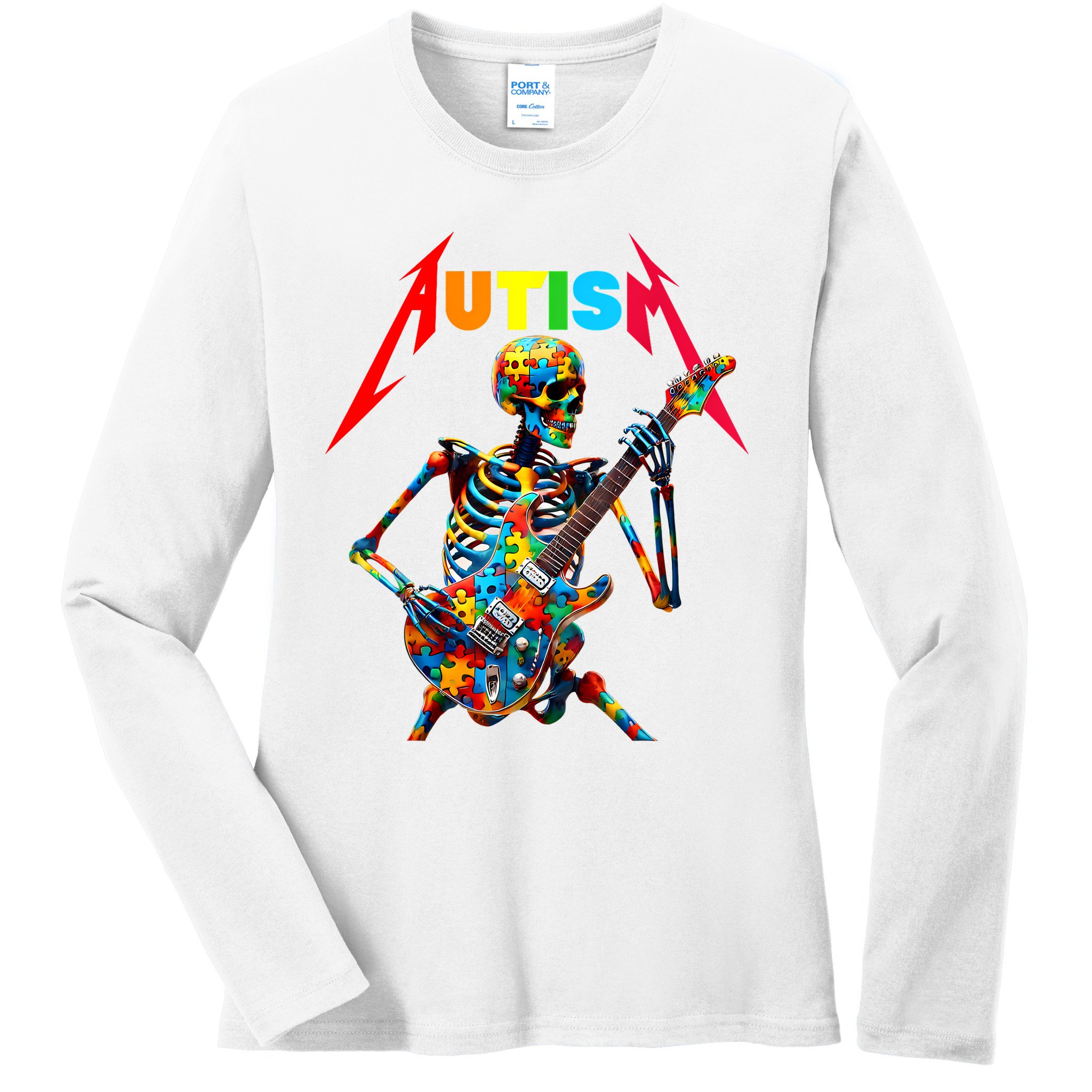 Autism Skeleton Guitar Player Rock Music Autism Awareness Ladies Long Sleeve Shirt