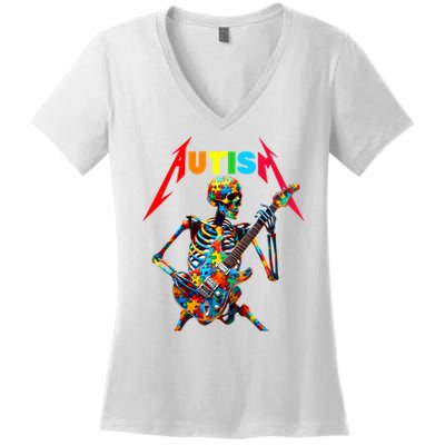 Autism Skeleton Guitar Player Rock Music Autism Awareness Women's V-Neck T-Shirt