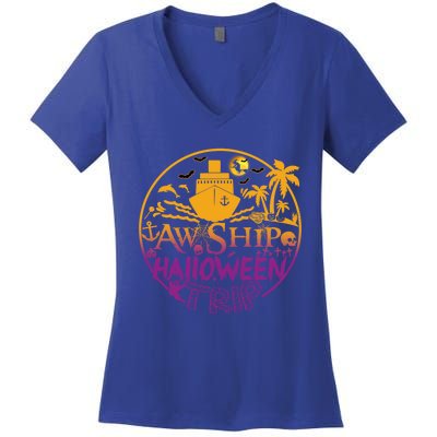 Aw Ship Halloween Trip Family Cruising Crew Cruise Squad Cute Gift Women's V-Neck T-Shirt