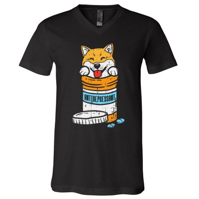 Antidepressant Shiba Inu Akita Japanese Dog Doge Meme Gift V-Neck T-Shirt