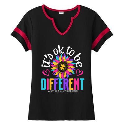 Autism Sunflower it's ok to be Different Autism Awareness Ladies Halftime Notch Neck Tee