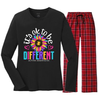 Autism Sunflower it's ok to be Different Autism Awareness Women's Long Sleeve Flannel Pajama Set 