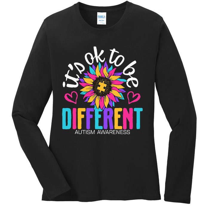 Autism Sunflower it's ok to be Different Autism Awareness Ladies Long Sleeve Shirt