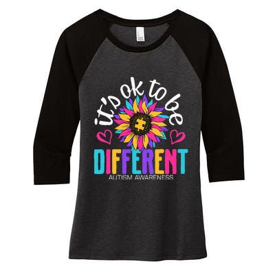 Autism Sunflower it's ok to be Different Autism Awareness Women's Tri-Blend 3/4-Sleeve Raglan Shirt