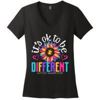 Autism Sunflower it's ok to be Different Autism Awareness Women's V-Neck T-Shirt