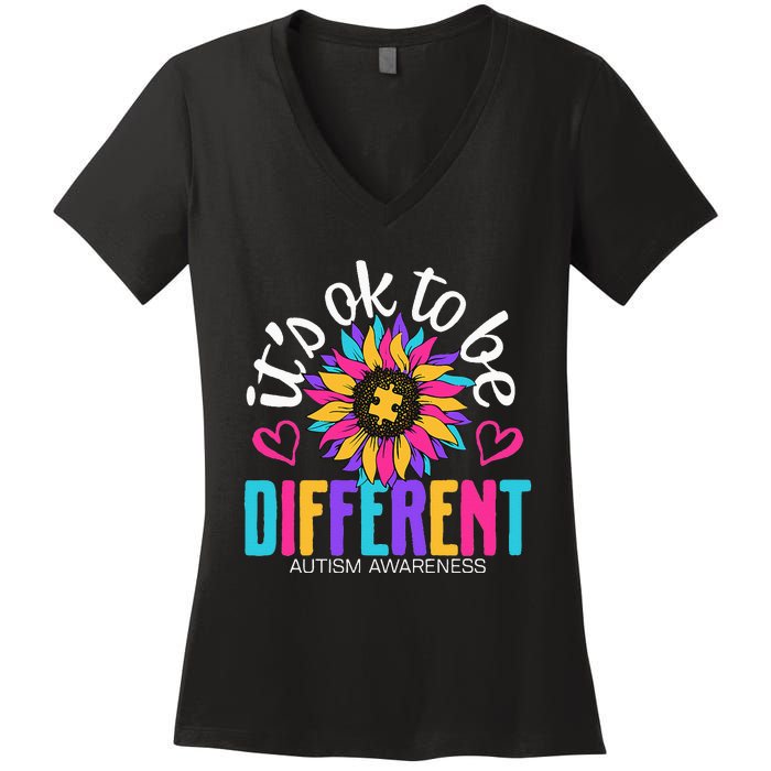 Autism Sunflower it's ok to be Different Autism Awareness Women's V-Neck T-Shirt