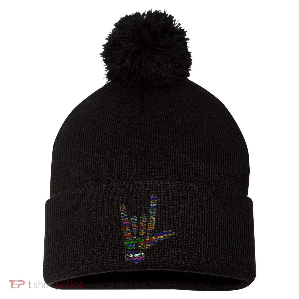 Asl Sign I Love You In 40 Different Languages Asl Pom Pom 12in Knit Beanie