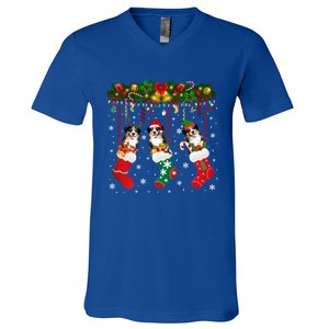 Australian Shepherd In Sock Xmas Reindeer Santa Elf Dog Gift V-Neck T-Shirt