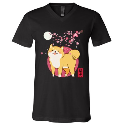 Akita Shiba Inu Dog of Japan Cherry Blossom V-Neck T-Shirt