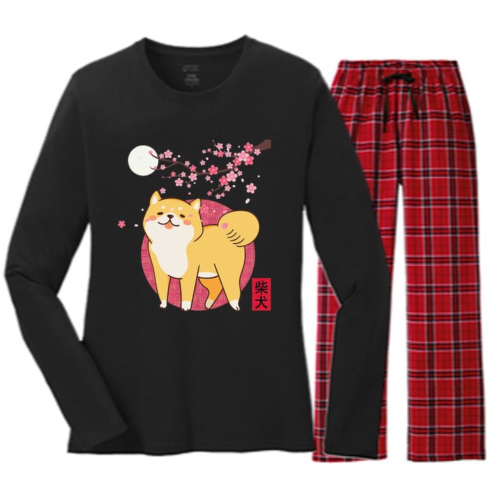 Akita Shiba Inu Dog of Japan Cherry Blossom Women's Long Sleeve Flannel Pajama Set 