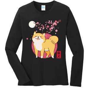 Akita Shiba Inu Dog of Japan Cherry Blossom Ladies Long Sleeve Shirt