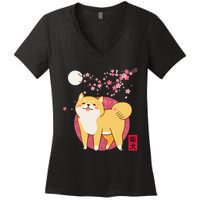 Akita Shiba Inu Dog of Japan Cherry Blossom Women's V-Neck T-Shirt