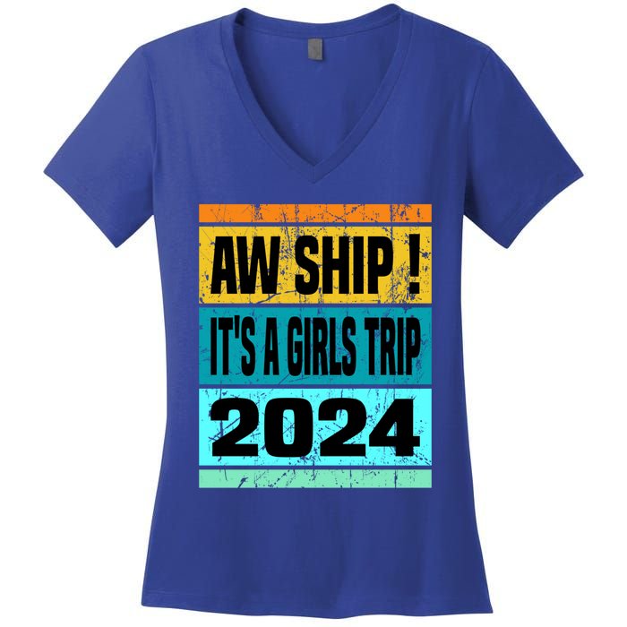 Aw Ship ItS A Trip 2024 Vintage Vacation Cruise Ship Gift Women's V-Neck T-Shirt