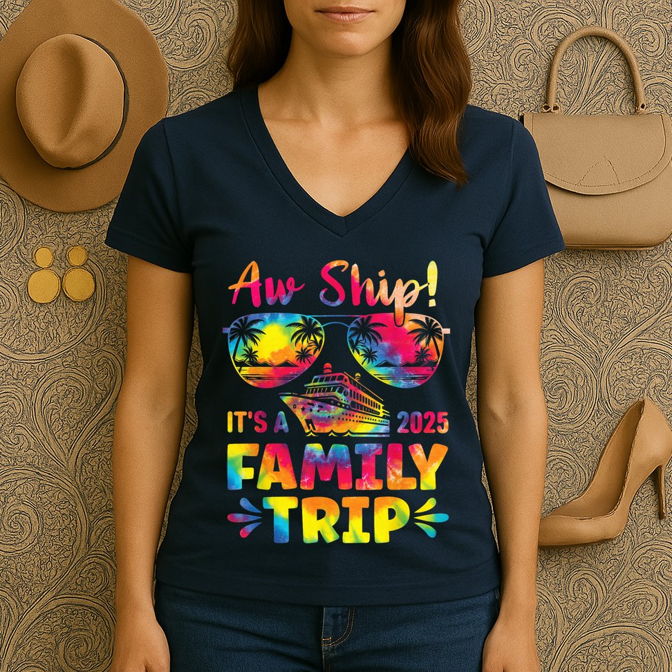 Aw Ship ItS A Family Trip 2025 Family Cruise Squad Tie Dye Women's V-Neck T-Shirt