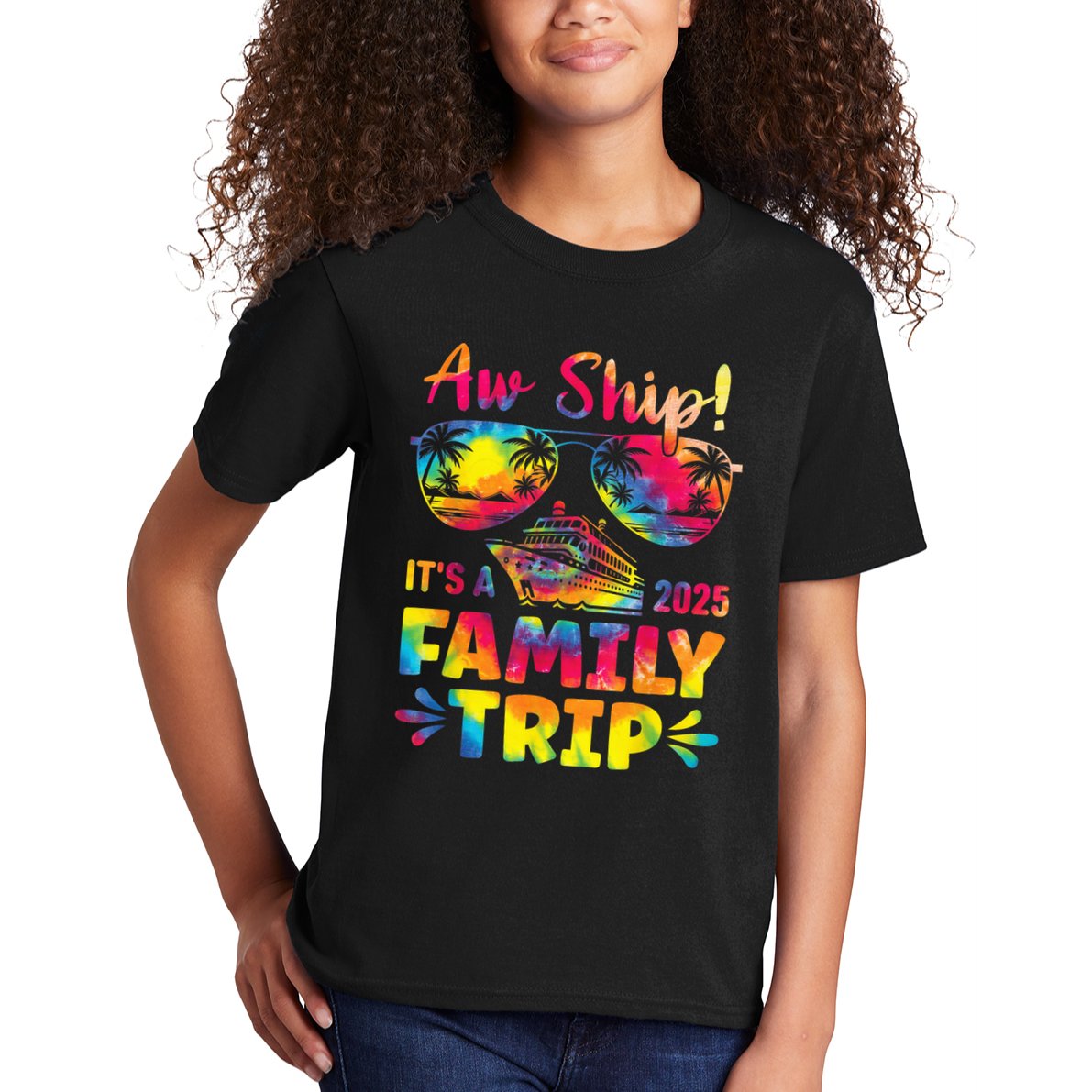 Aw Ship ItS A Family Trip 2025 Family Cruise Squad Tie Dye Kids T-Shirt