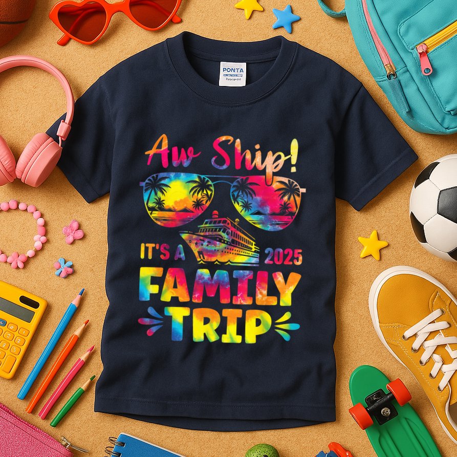 Aw Ship ItS A Family Trip 2025 Family Cruise Squad Tie Dye Kids T-Shirt