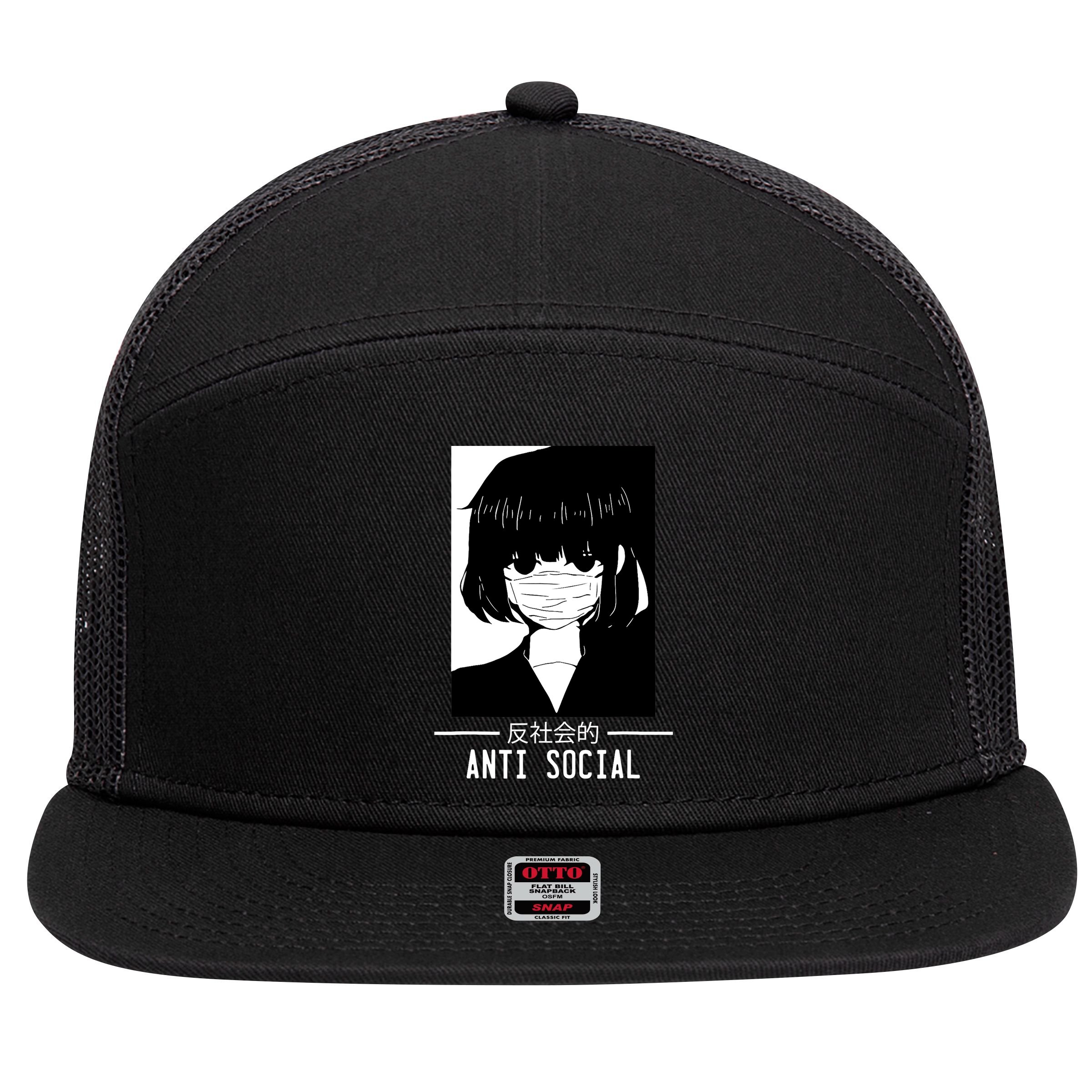 Anti Social Japanese Text Aesthetic Vaporwave Anime Gifts 7 Panel Mesh Trucker Snapback Hat