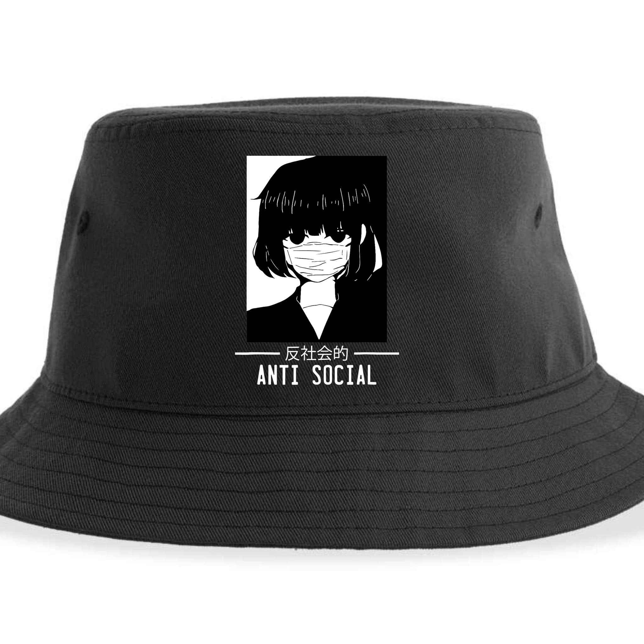 Anti Social Japanese Text Aesthetic Vaporwave Anime Gifts Sustainable Bucket Hat