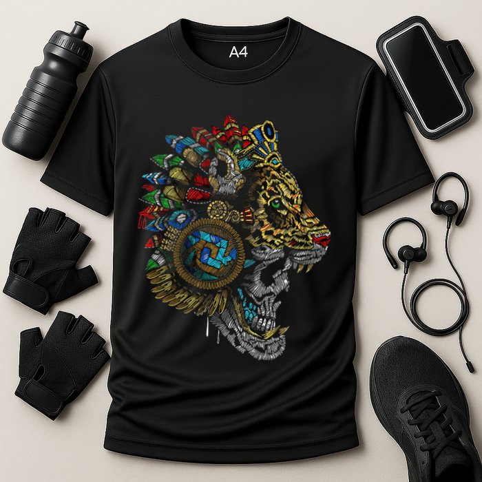 Aztec Skull Jaguar Warrior Mask Ancient Mayan Mythology Cooling Performance Crew T-Shirt
