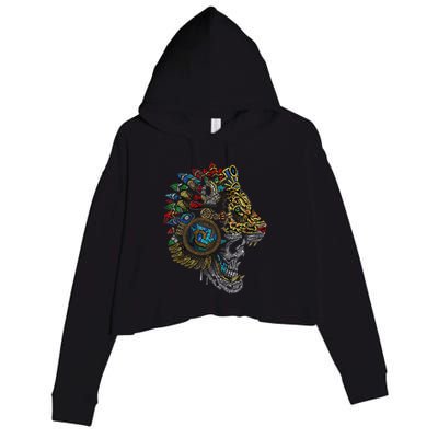 Aztec Skull Jaguar Warrior Mask Ancient Mayan Mythology Crop Fleece Hoodie