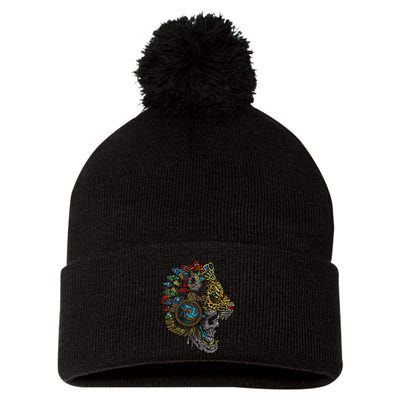 Aztec Skull Jaguar Warrior Mask Ancient Mayan Mythology Pom Pom 12in Knit Beanie