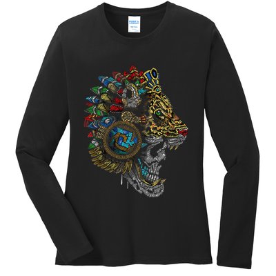 Aztec Skull Jaguar Warrior Mask Ancient Mayan Mythology Ladies Long Sleeve Shirt
