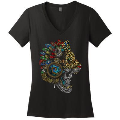 Aztec Skull Jaguar Warrior Mask Ancient Mayan Mythology Women's V-Neck T-Shirt