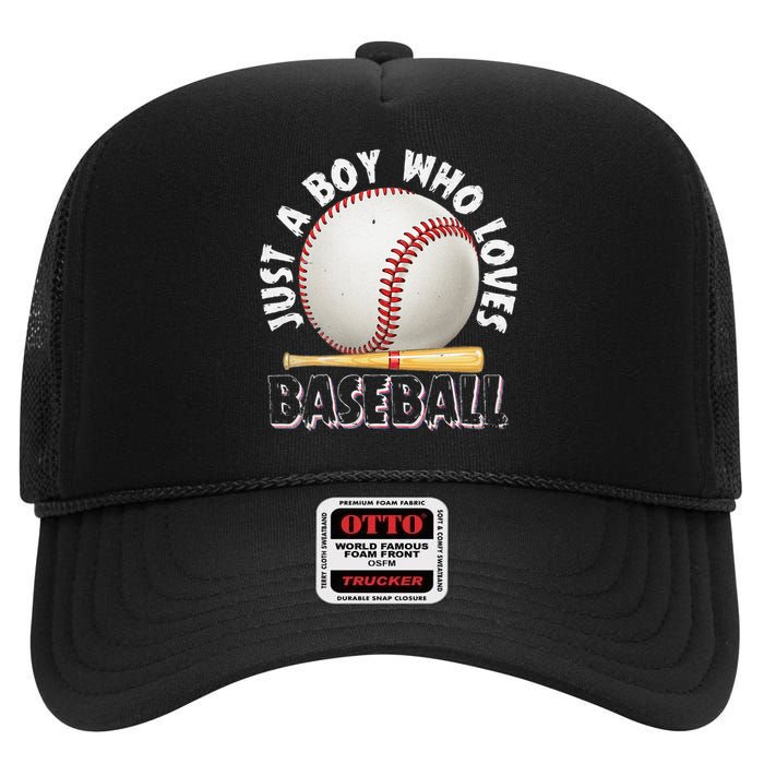 American Sport Just A Boy Who Loves Baseball Gifts For High Crown Mesh Back Trucker Hat