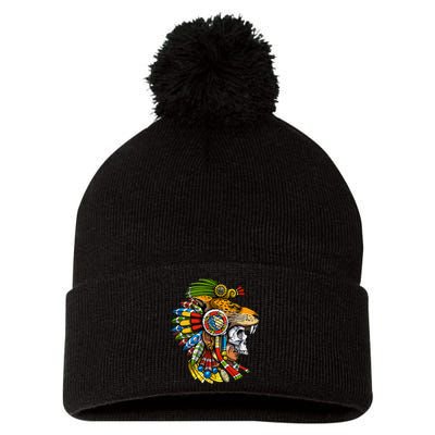 Aztec Skull Jaguar Warrior Mask Mayan Pom Pom 12in Knit Beanie