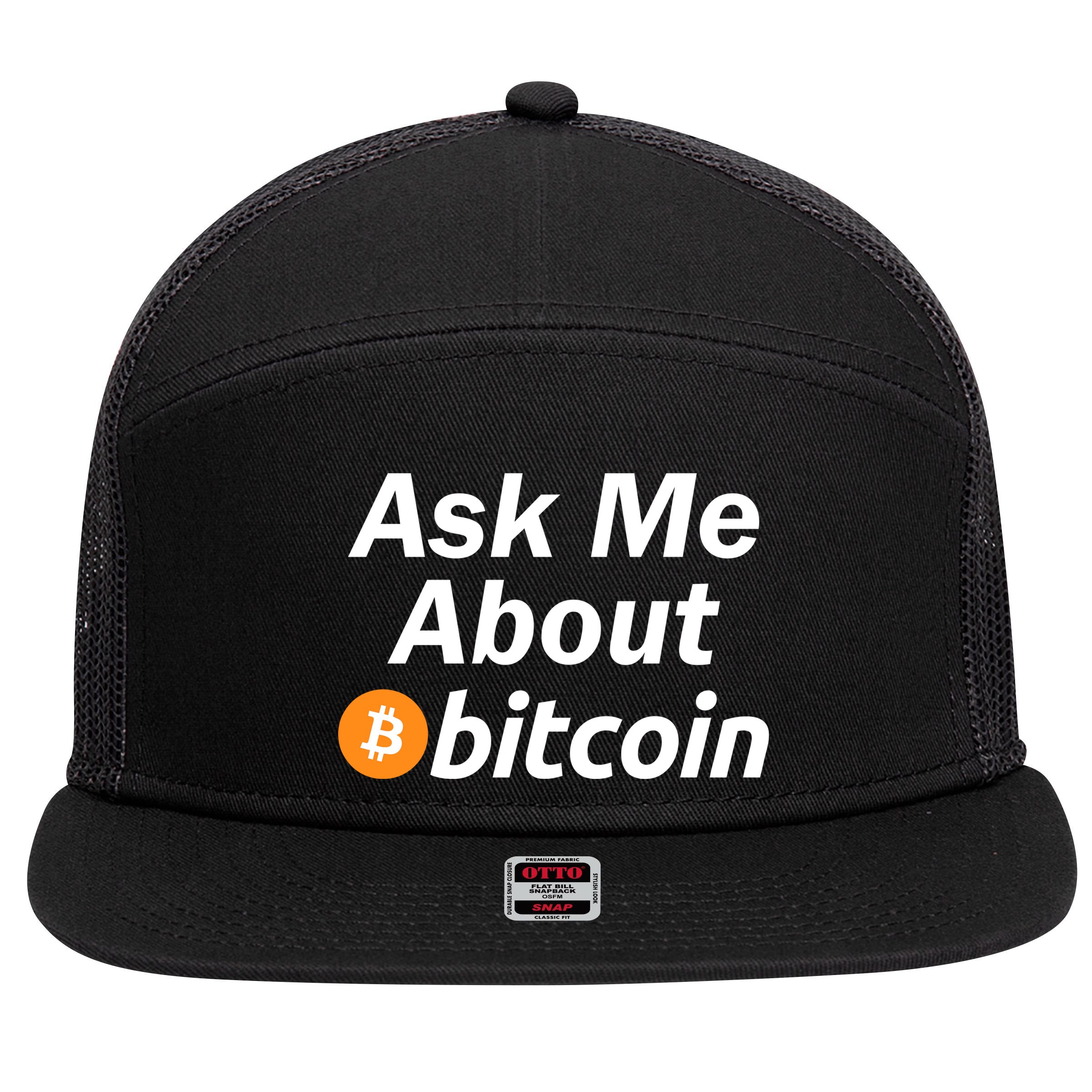 Ask Me About Bitcoin Cryptocurrency Logo 7 Panel Mesh Trucker Snapback Hat