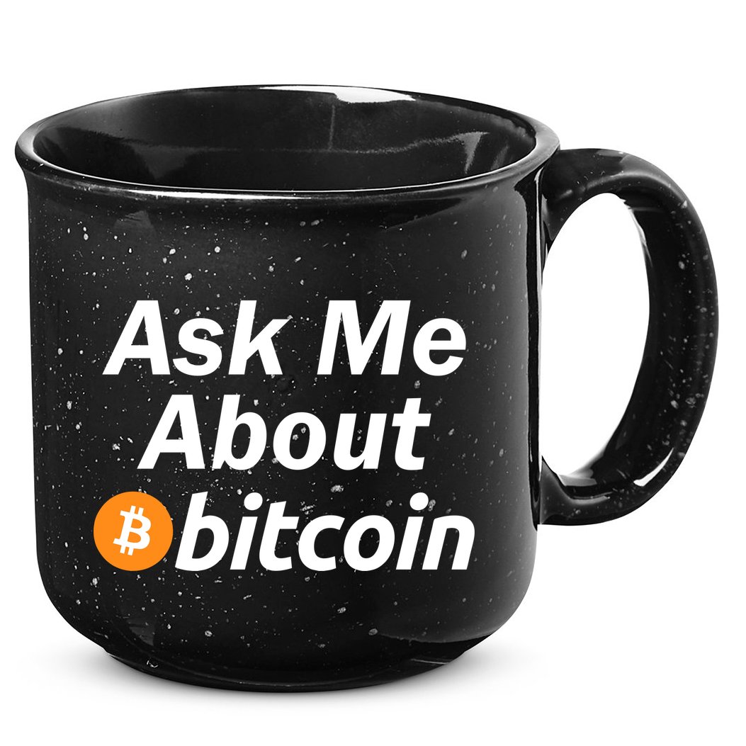 Ask Me About Bitcoin Cryptocurrency Logo 15oz Campfire Ceramic Mug