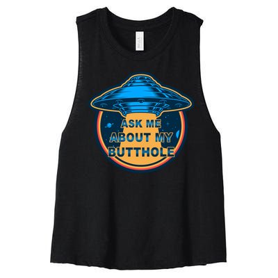 Ask Me About My Butthole Funny Alien Women's Racerback Cropped Tank