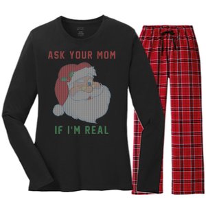 Ask Your Mom If I'm Real Funny Santa X-Mas Women's Long Sleeve Flannel Pajama Set 