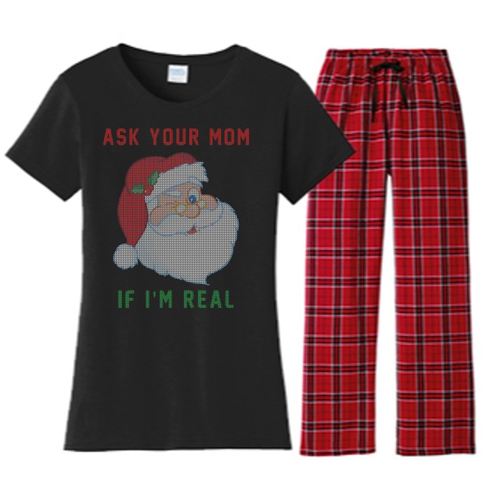 Ask Your Mom If I'm Real Funny Santa X-Mas Women's Flannel Pajama Set