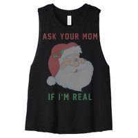 Ask Your Mom If I'm Real Funny Santa X-Mas Women's Racerback Cropped Tank