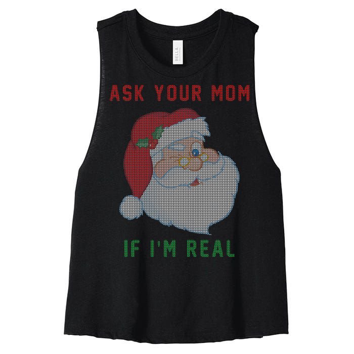 Ask Your Mom If I'm Real Funny Santa X-Mas Women's Racerback Cropped Tank