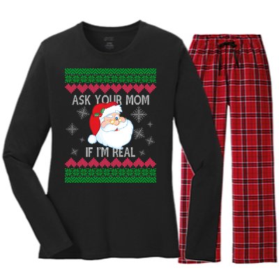 Ask your Mom if I'm Real Santa Claus Ugly X-Mas Women's Long Sleeve Flannel Pajama Set 