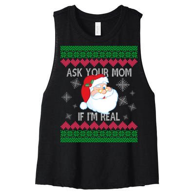 Ask your Mom if I'm Real Santa Claus Ugly X-Mas Women's Racerback Cropped Tank