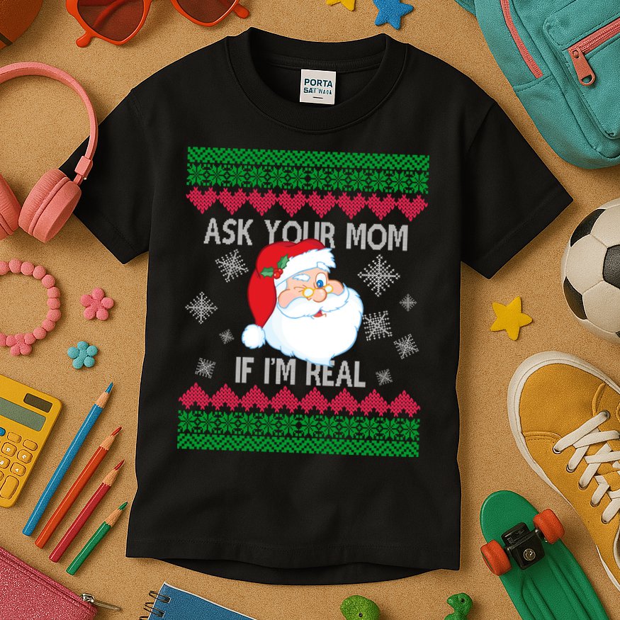 Ask your Mom if I'm Real Santa Claus Ugly X-Mas Kids T-Shirt
