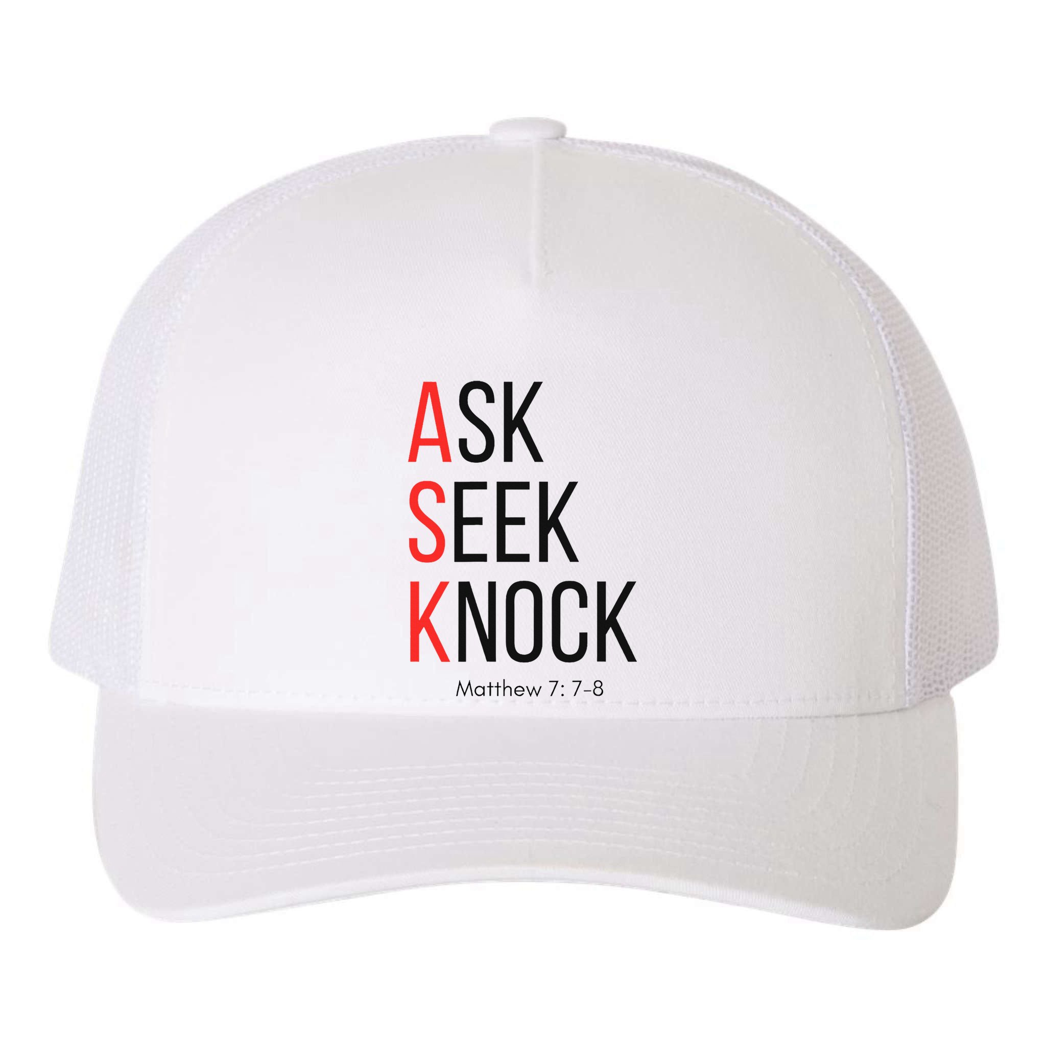 Ask Seek Knock Matthew 778 Inspirational Faith Yupoong Adult 5-Panel Trucker Hat
