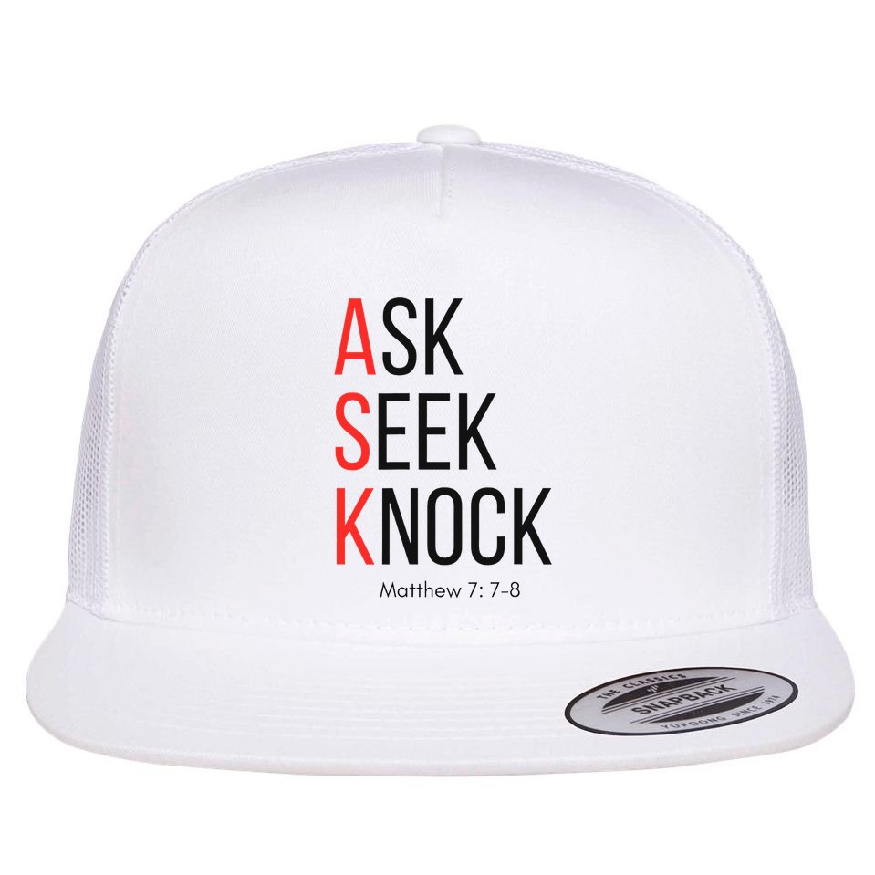 Ask Seek Knock Matthew 778 Inspirational Faith Flat Bill Trucker Hat