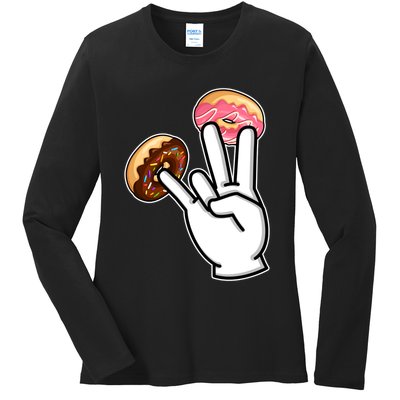 ASL Hand Sign Langauge Number 7 With Donuts Ladies Long Sleeve Shirt