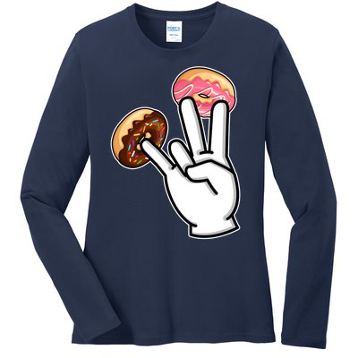 ASL Hand Sign Langauge Number 7 With Donuts Ladies Long Sleeve Shirt