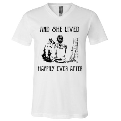 And She Lived Happily Ever After Funny Dogs V-Neck T-Shirt