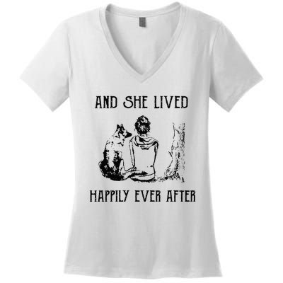 And She Lived Happily Ever After Funny Dogs Women's V-Neck T-Shirt