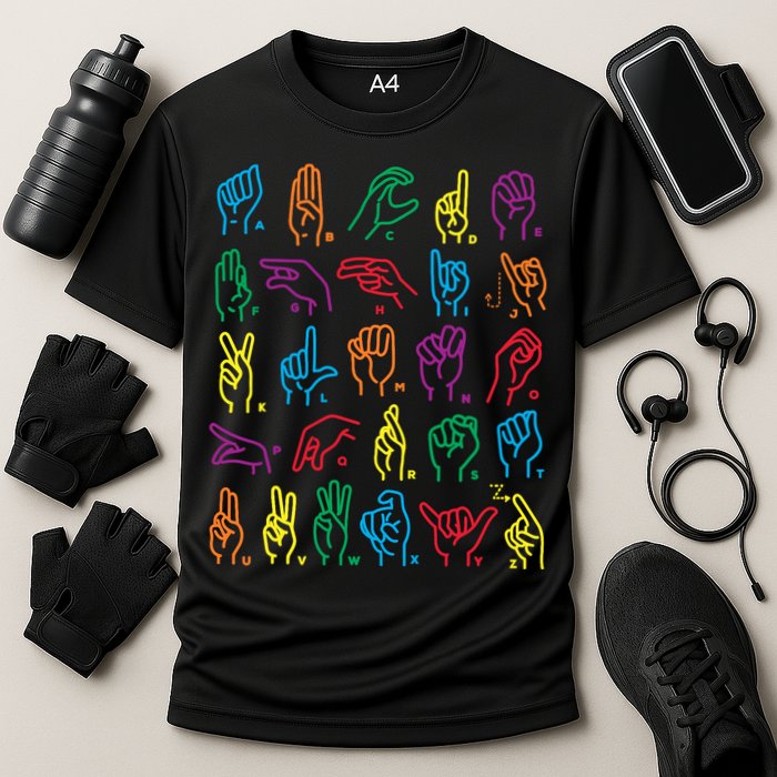 Abc Sign Language Chart Teacher Hand Letter Alphabet Asl Cooling Performance Crew T-Shirt
