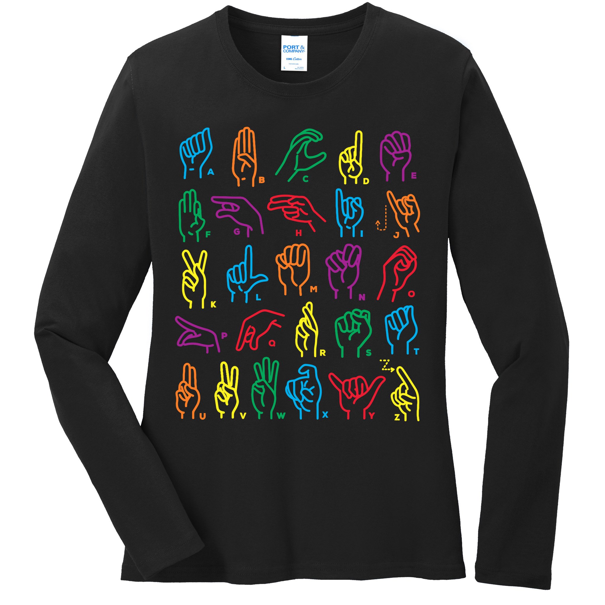 Abc Sign Language Chart Teacher Hand Letter Alphabet Asl Ladies Long Sleeve Shirt