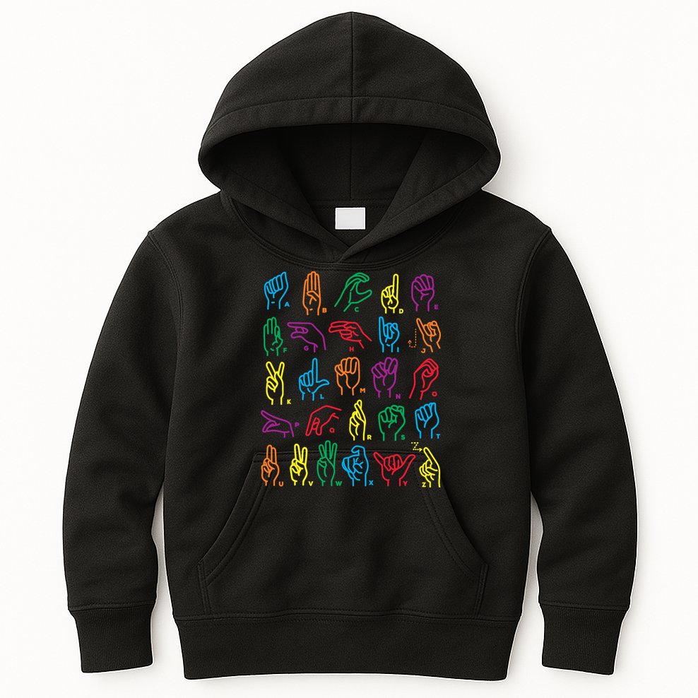 Abc Sign Language Chart Teacher Hand Letter Alphabet Asl Kids Hoodie