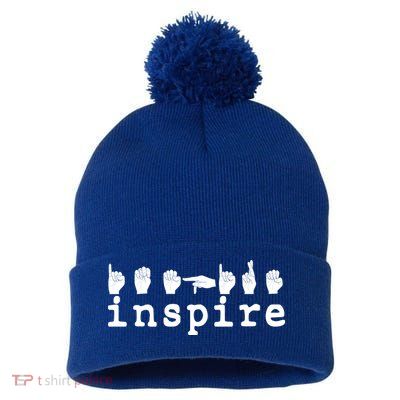 ASL Sign Langage Inspire Pom Pom 12in Knit Beanie