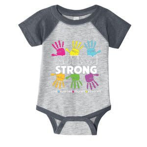 Autism Strong Love Support Educate Advocate Autism Awareness Infant Baby Jersey Bodysuit